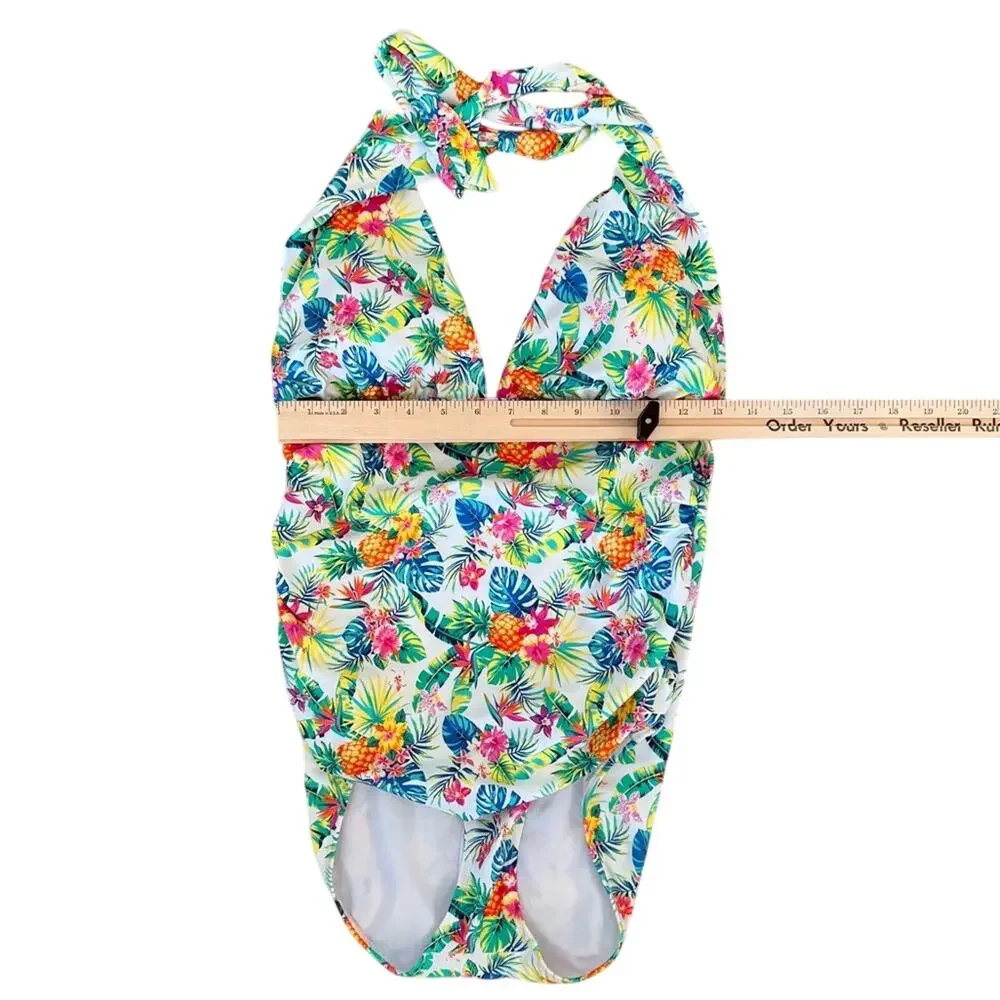 Firpearl White Tropical Pineapple Palm Halter Pin Up One Piece Swimsuit Size 12 - Picture 9 of 9